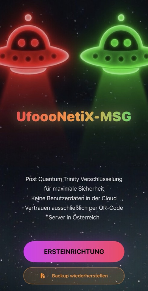 UfoooNetiX MSG – Startscreen mit Post-Quantum-Verschlüsselung