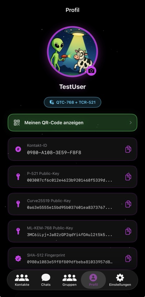 UfoooNetiX MSG – Profil mit QR-Code und kryptografischen Public Keys