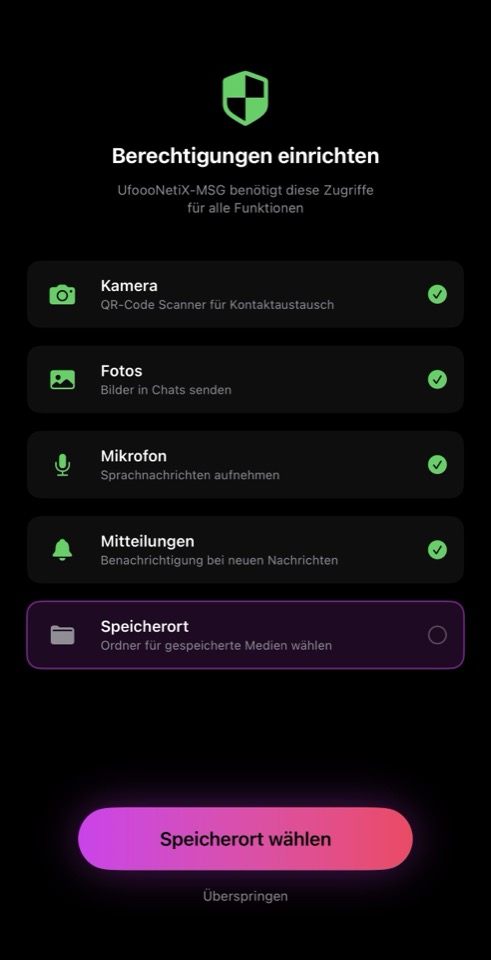 UfoooNetiX MSG Onboarding – Berechtigungen für Kamera, Mikrofon und Mitteilungen